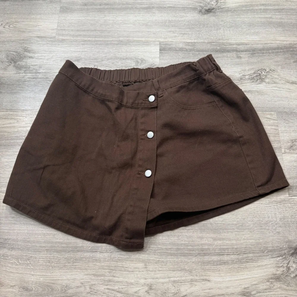 Shein Curve Brown Denim Skort‎ Button Front Wrap Mini Skirt Shorts Plus Size 2XL